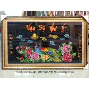 TRANH THÊU MÁY CON CÔNG HOA MẪU ĐƠN 80x120