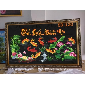 TRANH THÊU MÁY CÁ CHÉP HOA SEN 80x120 TRANH THÊU MÁY CÁ CHÉP HOA SEN 80x120