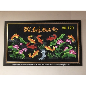 TRANH THÊU MÁY CÁ CHÉP HOA SEN 80x120 TRANH THÊU MÁY CÁ CHÉP HOA SEN 80x120