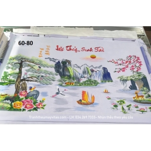 TRANH THÊU MÁY LƯU THUỶ SINH TÀI KT 60x80 TRANH THÊU MÁY LƯU THUỶ SINH TÀI KT 60x80